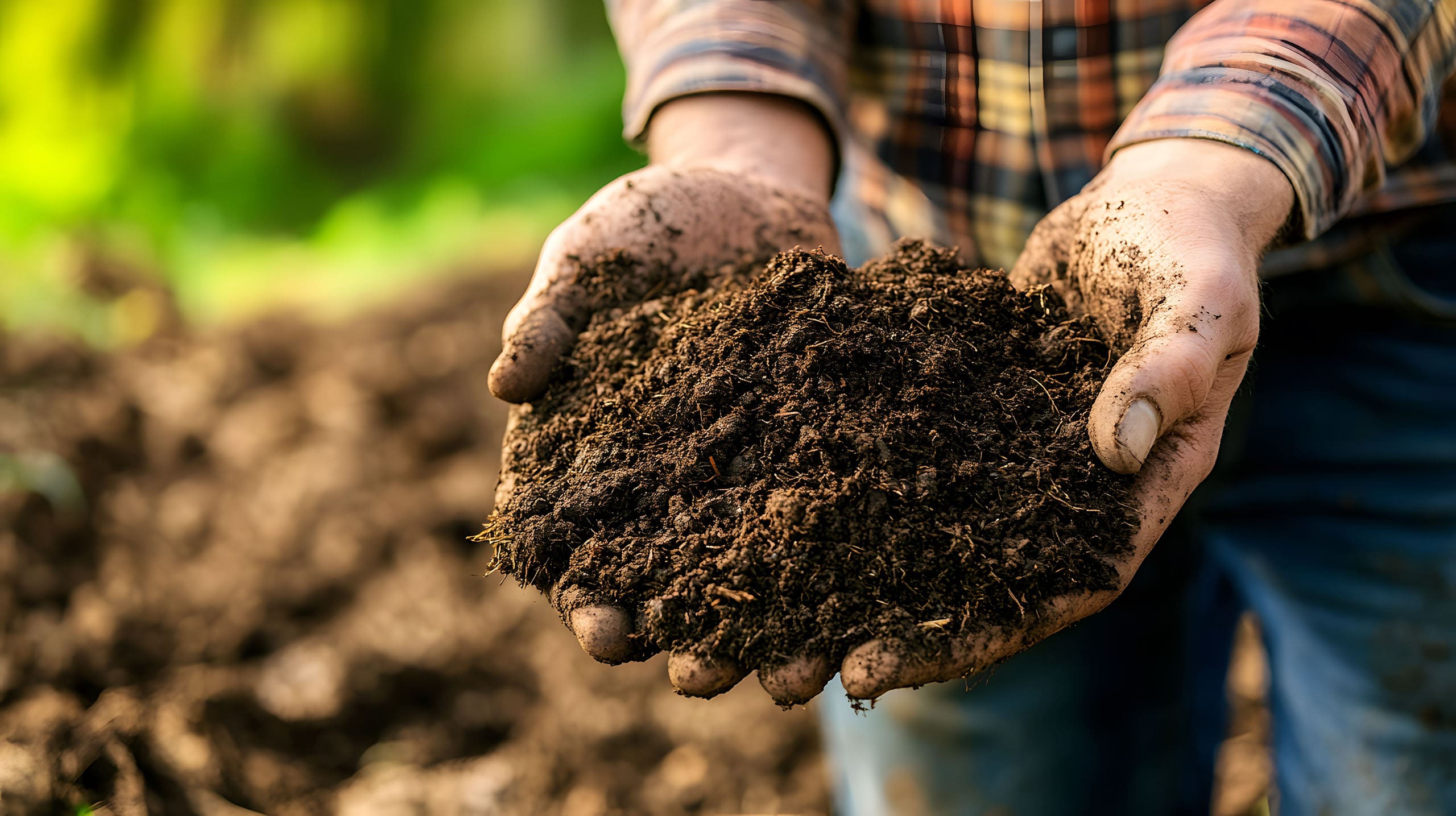 Farmers using composted manure to fertilize crops, reducing the